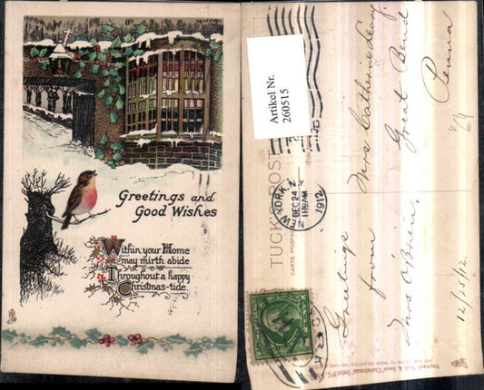 260515, Embossed AK Christmas Gate Window Lantern Holly Relief Bird Saying Text