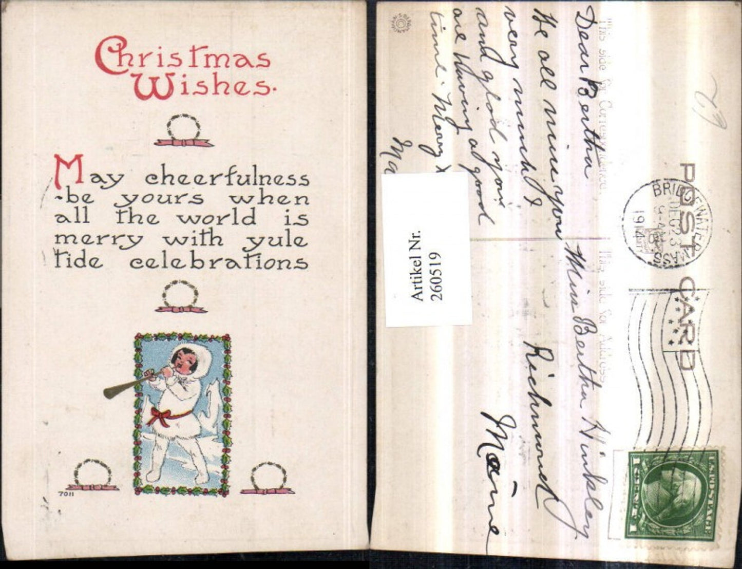 260519, Embossed AK Christmas Child Bonnet Trumpet Passepartout Holly Saying Text