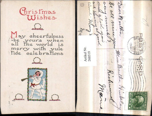260519, Embossed AK Christmas Child Bonnet Trumpet Passepartout Holly Saying Text