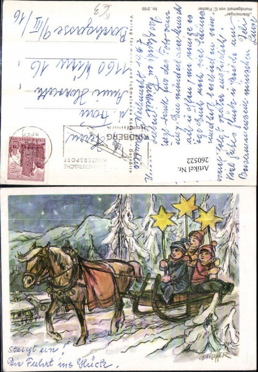 260522, Artist AK C. Fischer Christmas Horse-drawn sleigh Children Stars