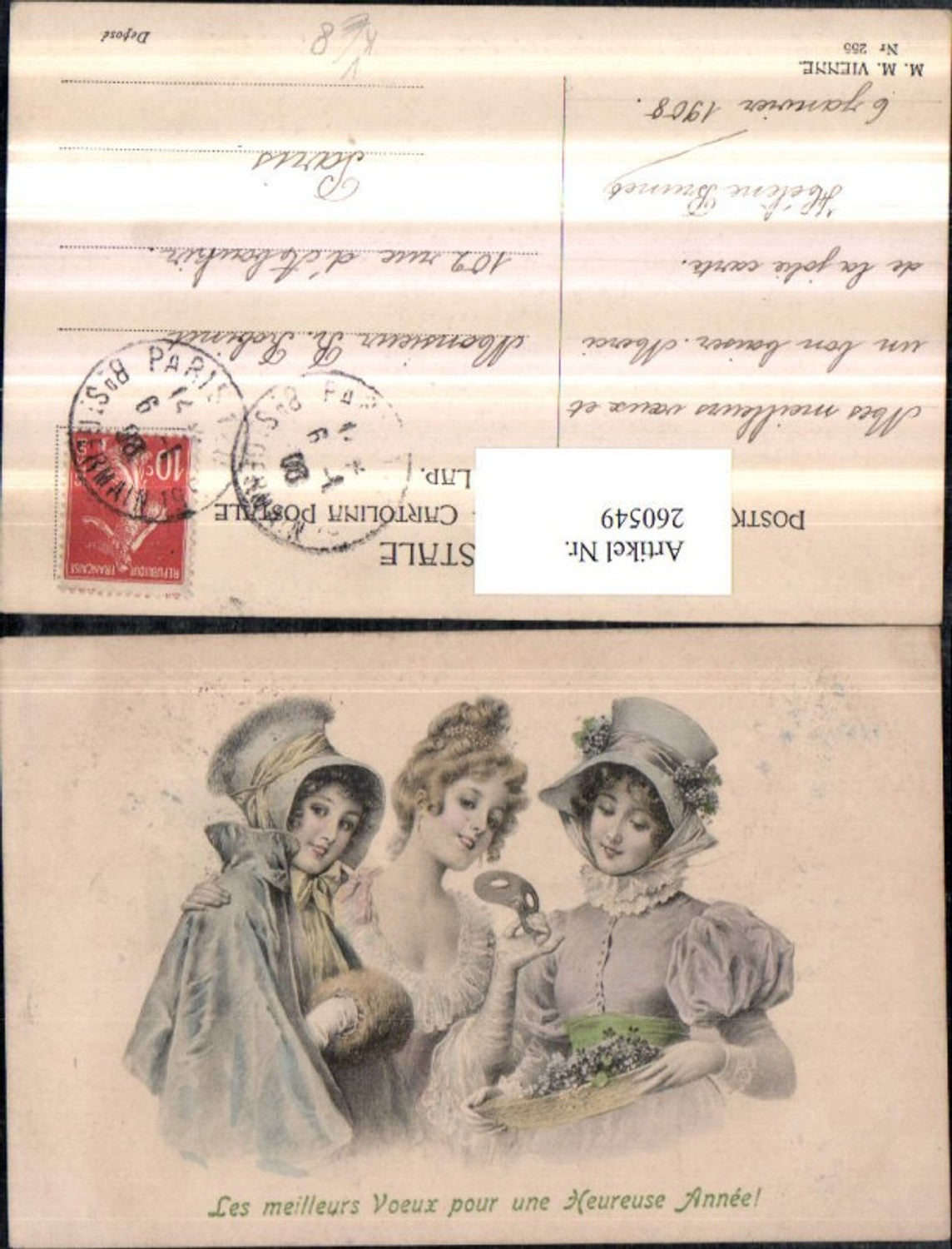 260549,M. Munk Vienne 255 Künstlerkarte Frauen m. Hüten Muff Maske Schale Blumen
