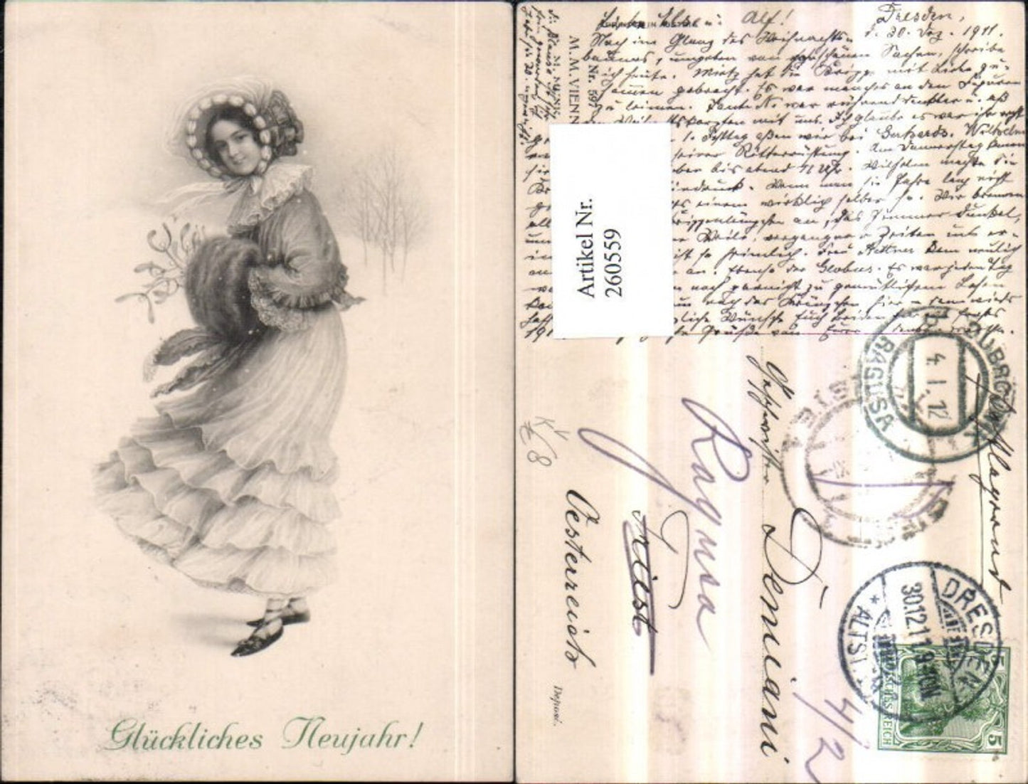 260559,M. Munk Vienne 597 Neujahr Frau m. Haube Kleid Muff Mistelzweige