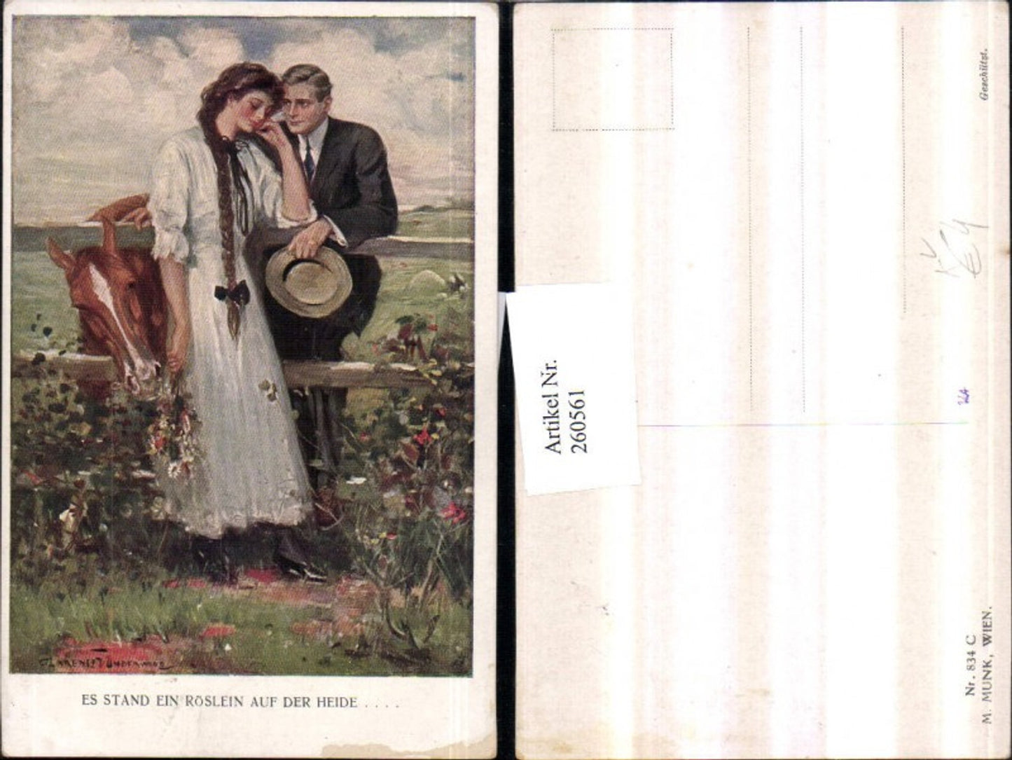 260561, M. Munk Vienna 834C Artist Clarence F. Underwood Lovers Couple Woman with Braid Horse