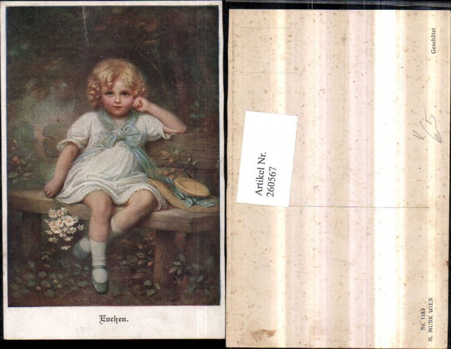 260567,M. Munk Vienne 1183 Mädchen m. Kleid Hut Blumenstrauß Margeriten Holzbank
