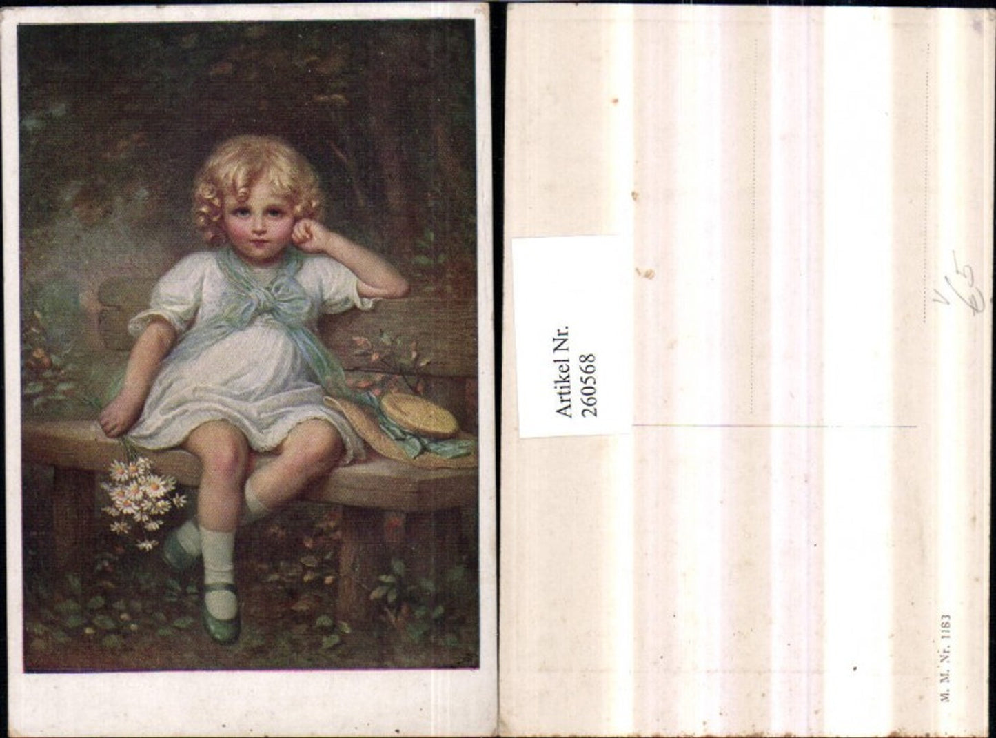 260568,M. Munk Vienne 1183 Mädchen m. Kleid Hut Blumenstrauß Margeriten Holzbank