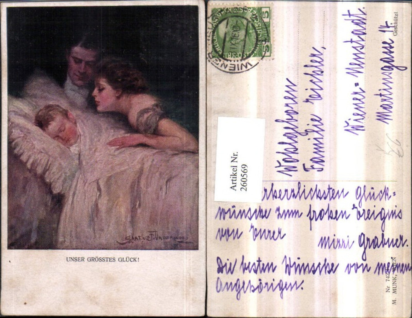 260569,M. Munk Vienne 742F Künstler Clarance F. Underwood Liebespaar Paar m. Kind schlafen schläft
