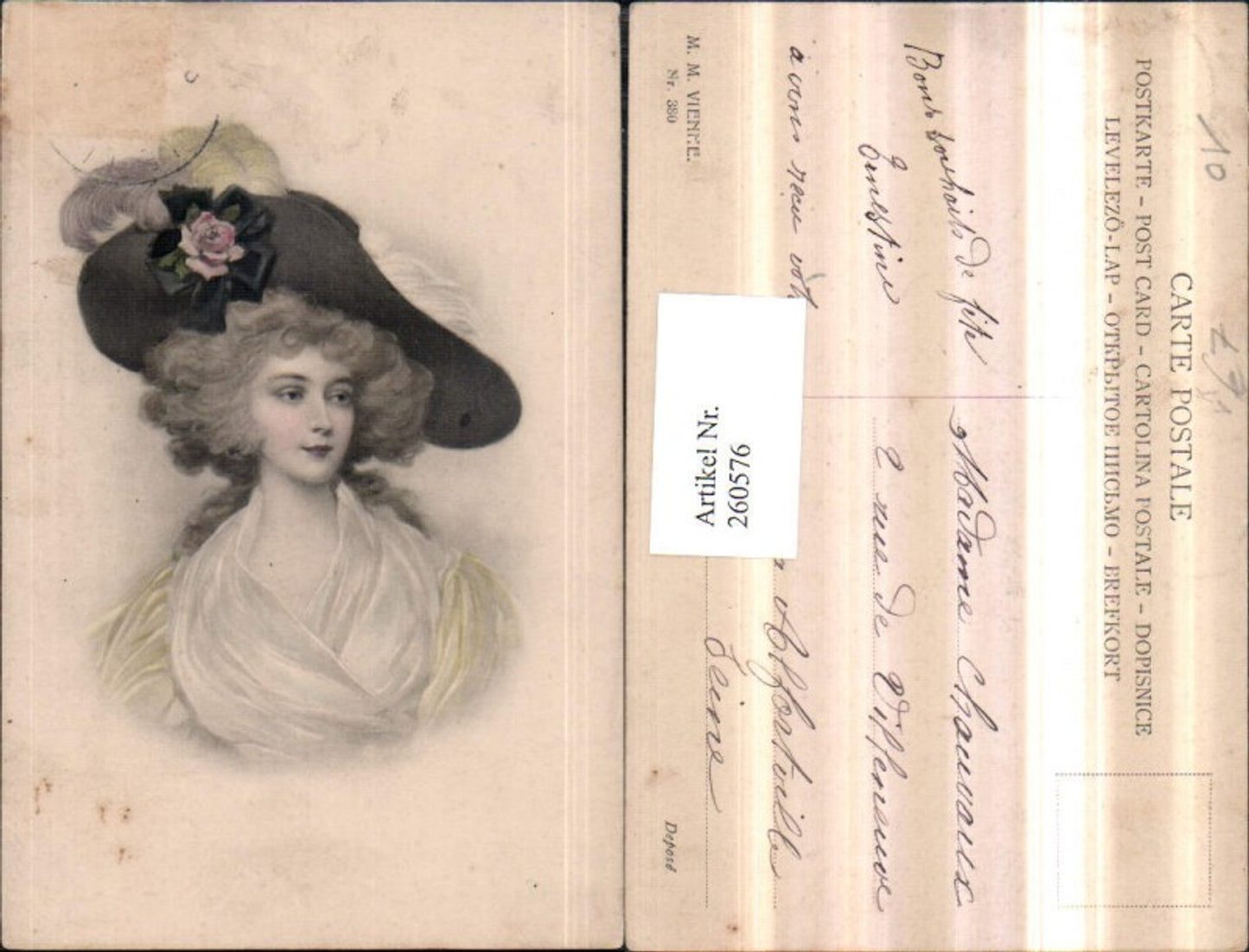 260576,M. Munk Vienne 380 Künstlerkarte Frau m. Hut Hutmode Federhut Portrait