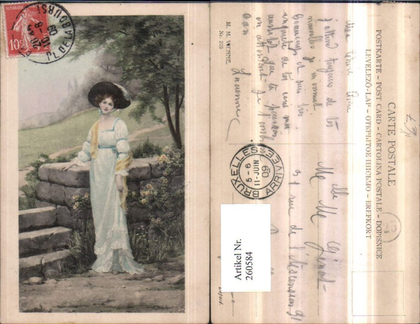 260584,M. Munk Vienne 275 Künstler Sydney Keudner Frau m. Hut Hutmode Kleid Steinmauer