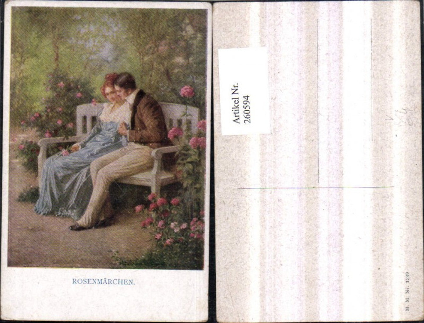 260594,M. Munk Vienne 1249 Künstlerkarte Rosenmärchen Liebespaar Paar Händchen haltend Holzbank