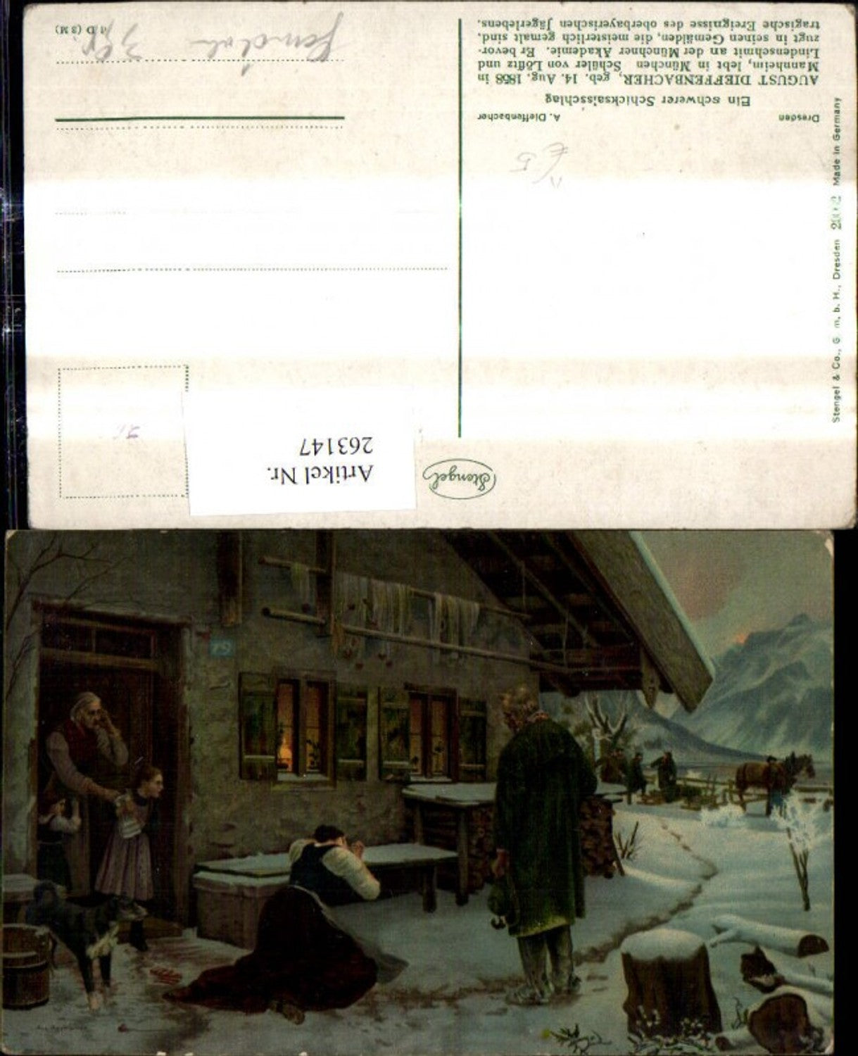 263147, Stengel Co 29062 August Dieffenbacher A severe blow of fate Woman cries in front of house Dog Winter landscape