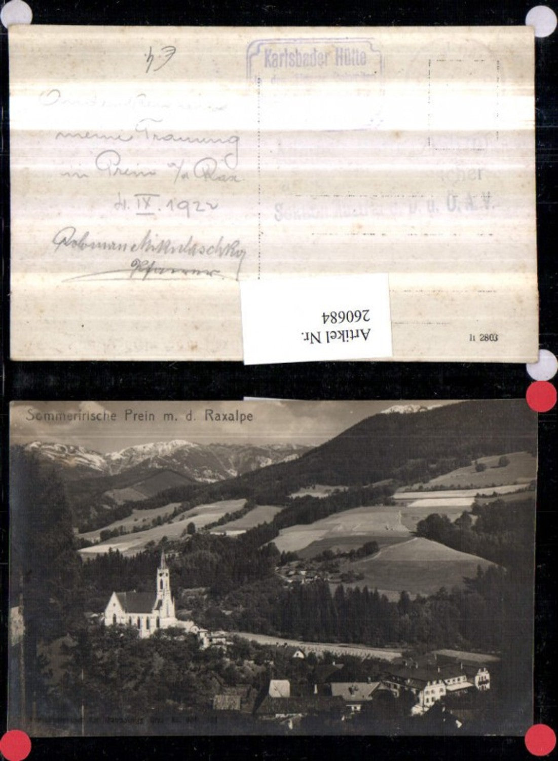 260684,Prein Teilansicht Kirche m. d. Raxalpe Bergkulisse