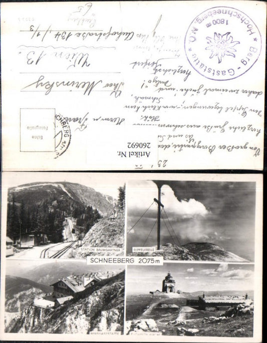 260692,Schneeberg Station Baumgartner Berggaststätte Elisabeth-Kirche Gipfelkreuz b. Puchberg Mehrbildkarte