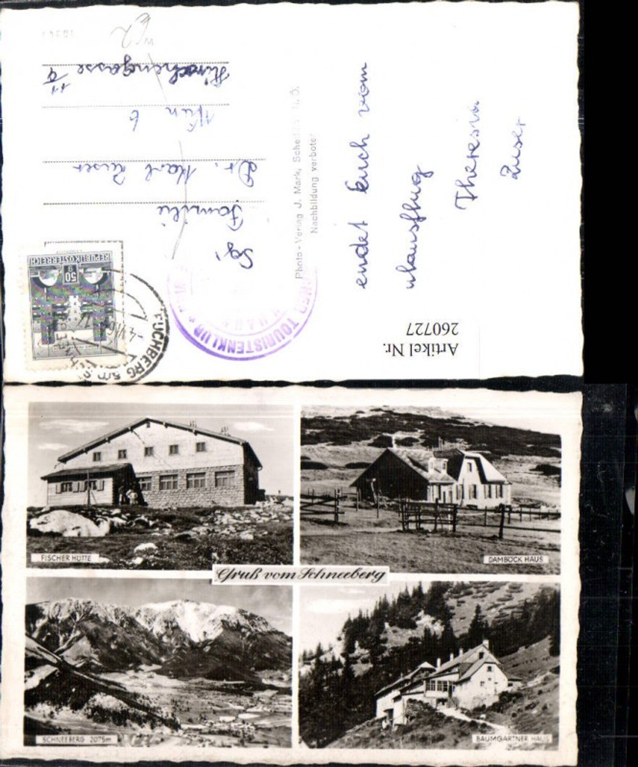 260727,Gruß v. Schneeberg Bergkulisse Fischer-Hütte Damböck-Haus Baumgartner-Haus b. Puchberg Mehrbildkarte