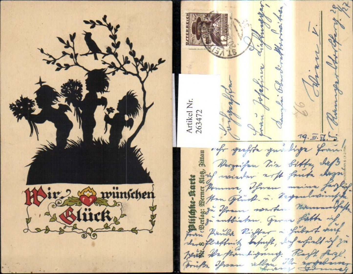 263472,Scherenschnitt Silhouette Plischke 8 Engel m. Blumen Strauß Baum Vogel Wir wünschen Glück