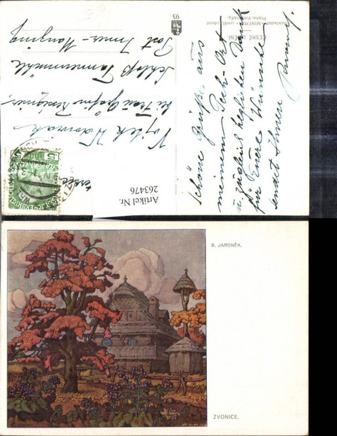 263476,Künstler Ak B. Jarnoek Zvonice Bauernhaus Haus Baum Passepartout