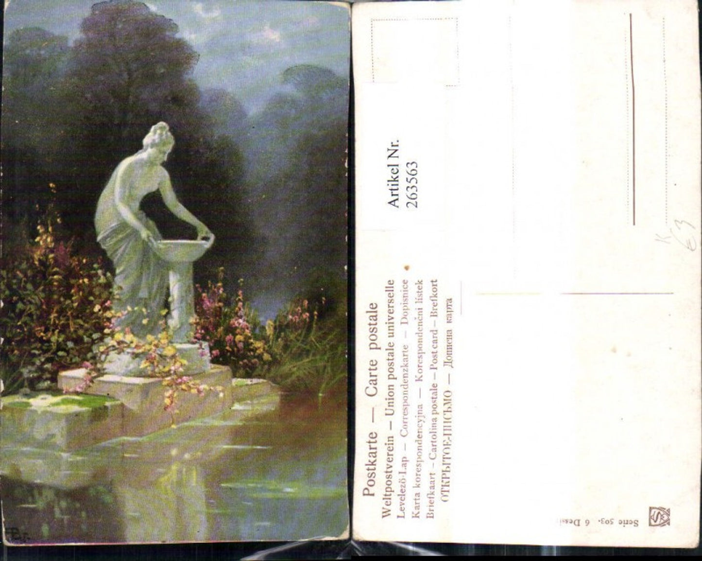263563,Künstler Ak Statue Frau Brunnen Teich