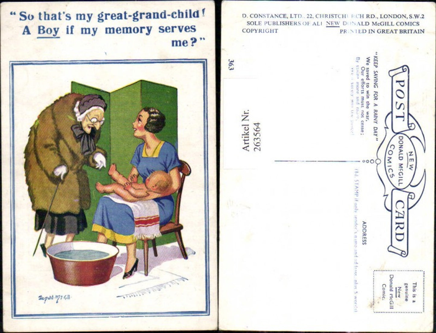 263564,Künstler Ak Donald McGill Frau m. Kind Baby Alte Frau m. Gehstock Wasserwanne Spruch