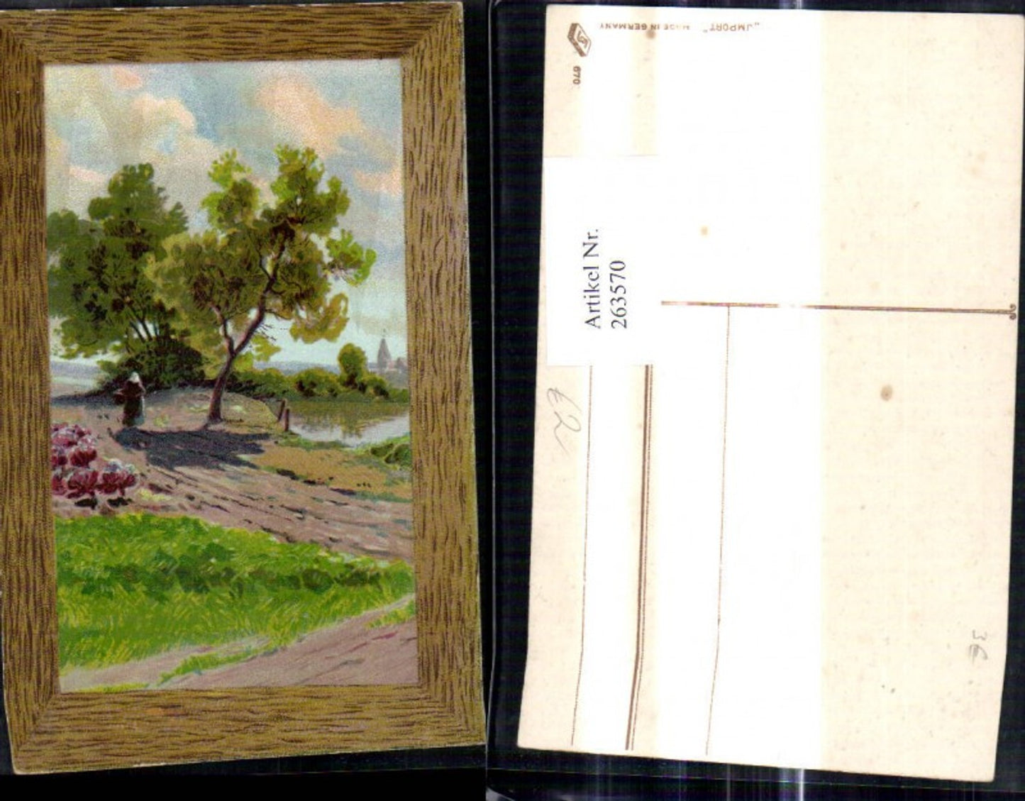 263570,Künstler Ak Alte Frau a. Weg Landschaft Passepartout Holzrahmen