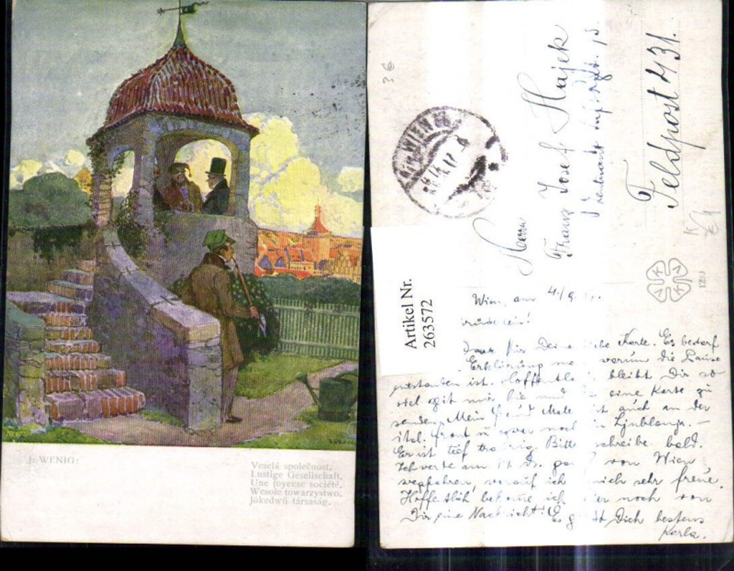 263572,Künstler Ak J. Wenig Lustige Gesellschaft Turm Mann m. Pfeife