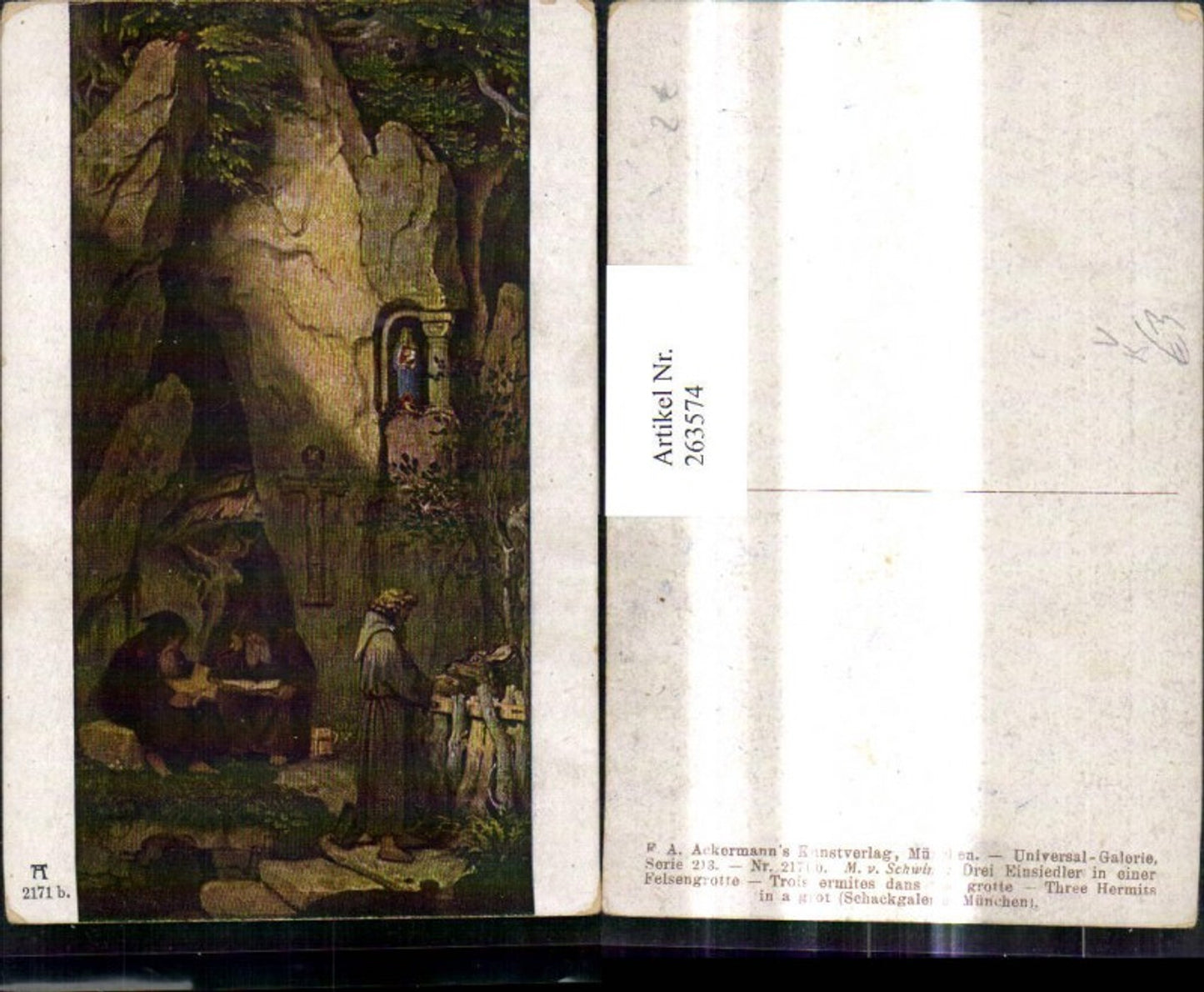 263574,Künstler Ak M. v. Schwind Der Einsiedler in einer Felsengrotte pub F. A. Ackermann 213/2171b