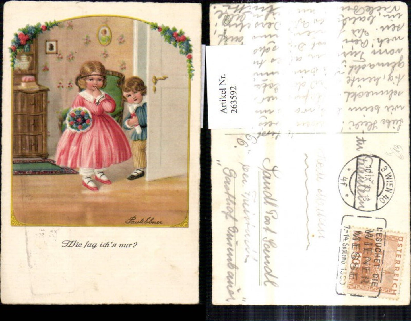 263592, Artist Ak Pauli Ebner How do I ask children with bouquet of flowers, paper roll in door