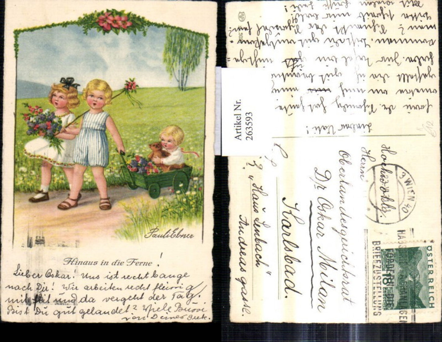 263593,Künstler Ak Pauli Ebner Hinaus in d. Ferne Kinder m. Leiterwagen Blumenstrauß Teddy Teddybär