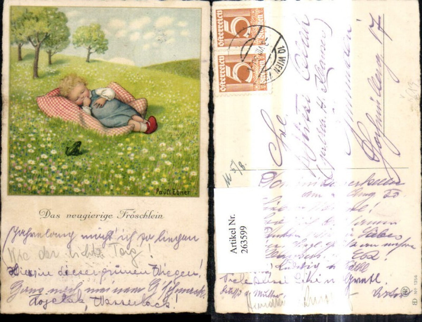 263599,Künstler Ak Pauli Ebner Das neugierige Fröschlein Bub Junge a. Wiese Frosch pub August Rökl 1356