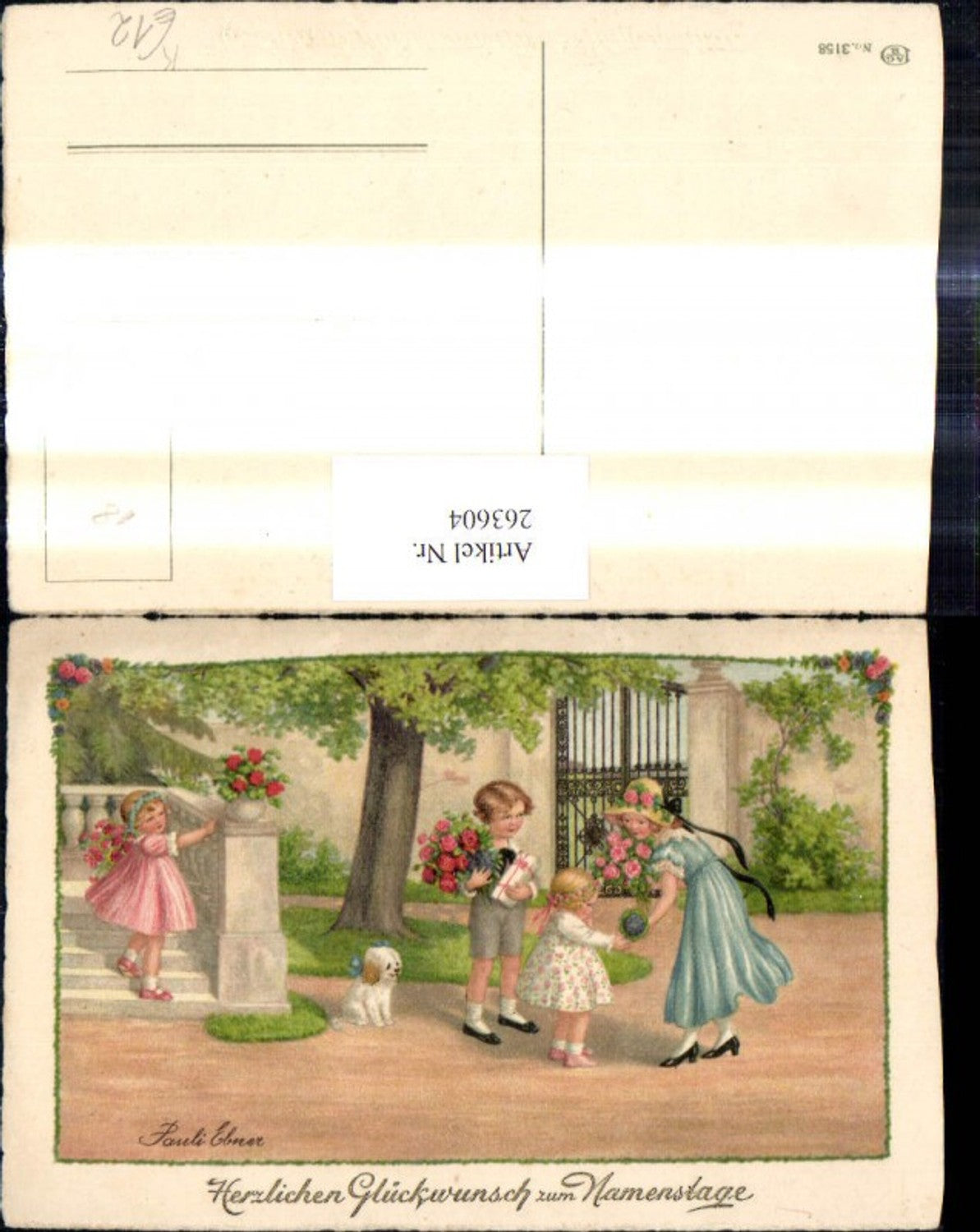 263604, Artist Ak Pauli Ebner Name Day Children with bouquet of flowers Dog Gifts