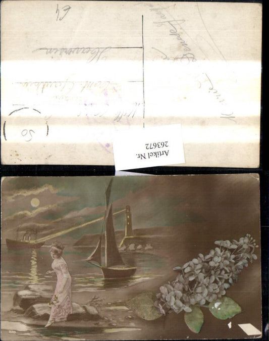 263672,Künstler Ak Leuchtturm Frau Segelboot Schiff i. Scheinwerferlicht Blumen