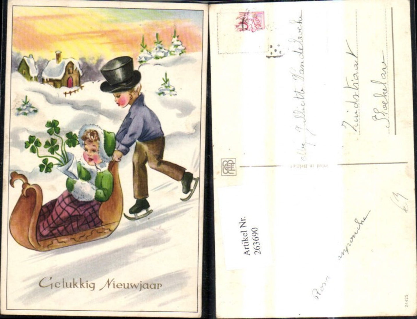 263690, Artist Ak Children riding antique sled Ostrich Clover Winter landscape Gelukkig Nieuwjaar New Year