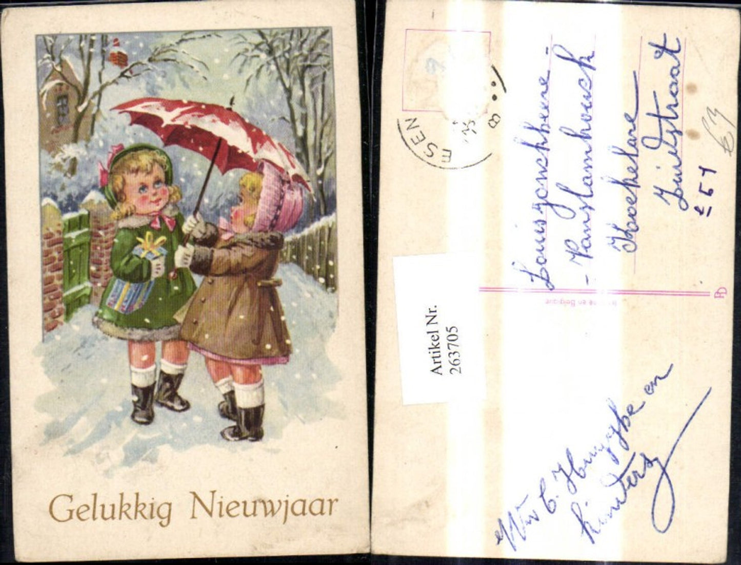 263705,Künstler Ak Kinder Mädchen m. Schirm spazieren d. Winterdorf Schnee Schneefall Neujahr