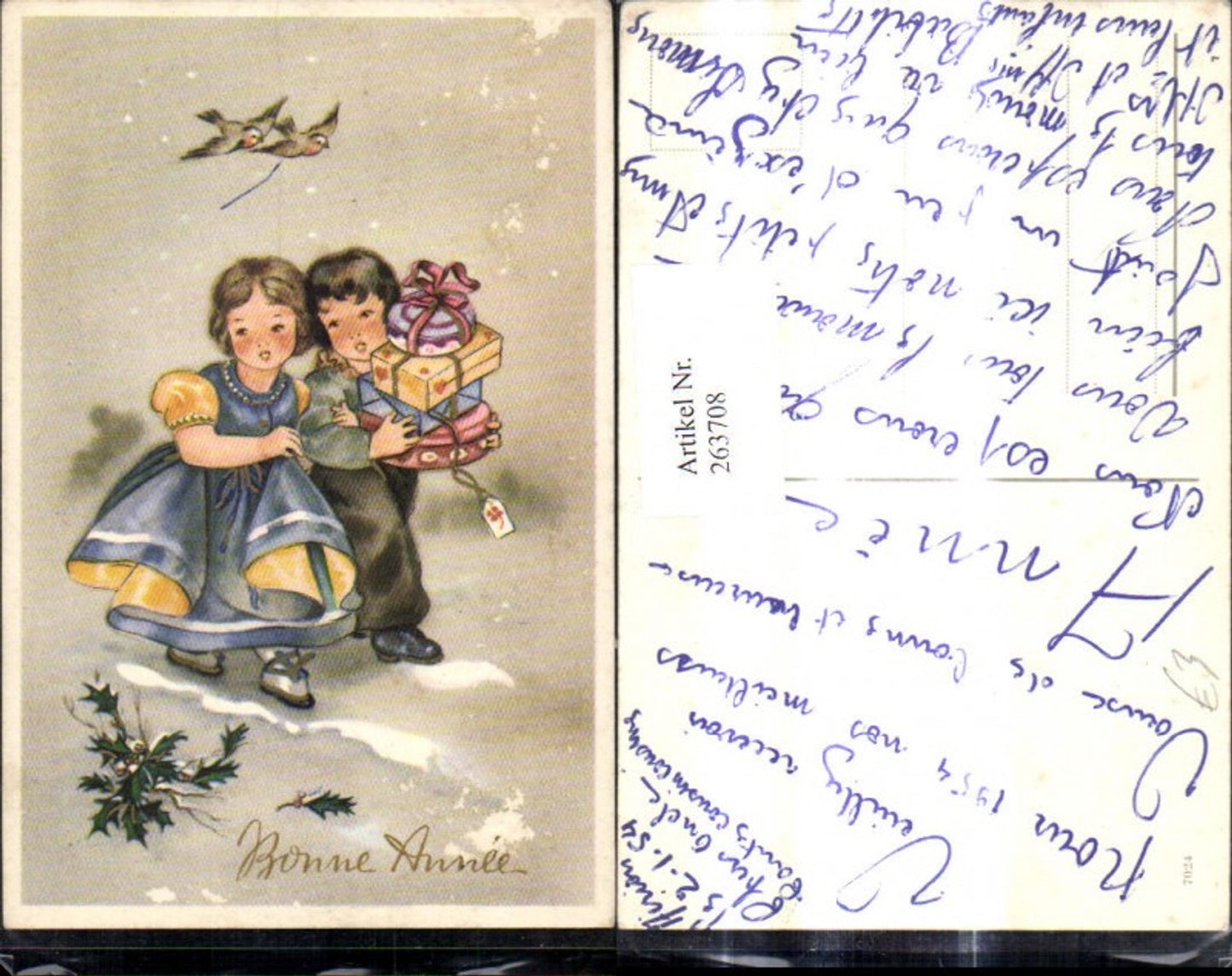 263708,Künstler Ak Kinder m. Geschenke Winterlandschaft Vögel Stechpalmenzweige Bonne Annee