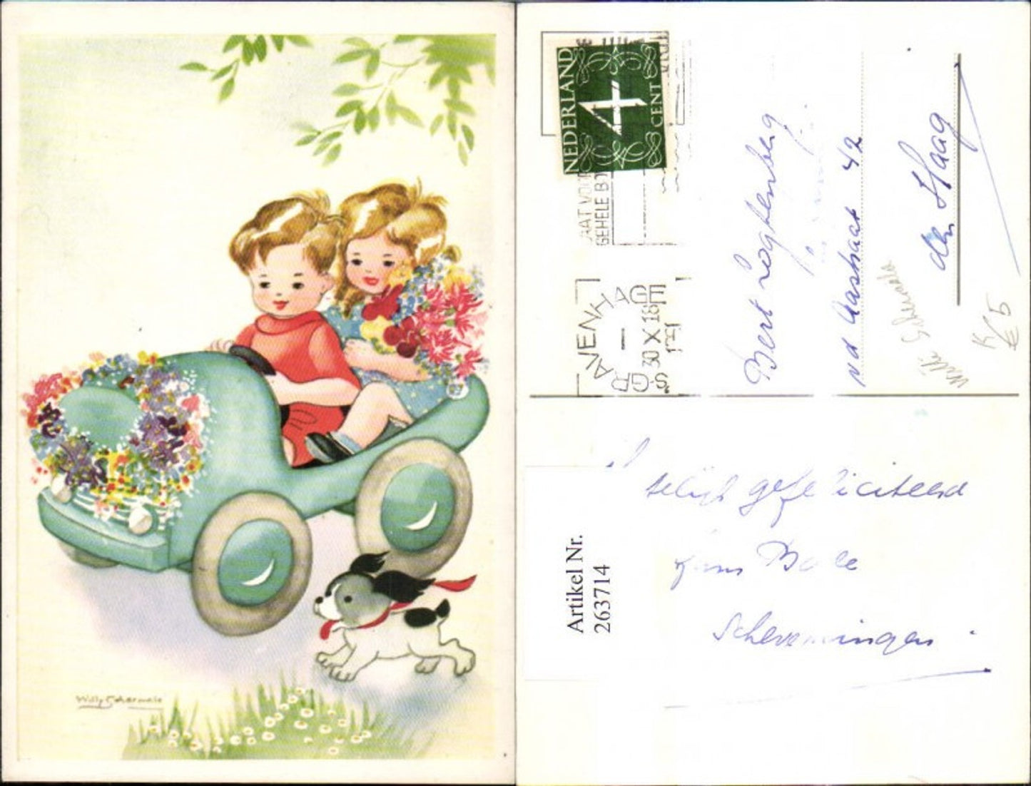 263714,Künstler Ak Willi Schermala Kinder i. Auto Cabrio Hund Blumenstrauß Blumen