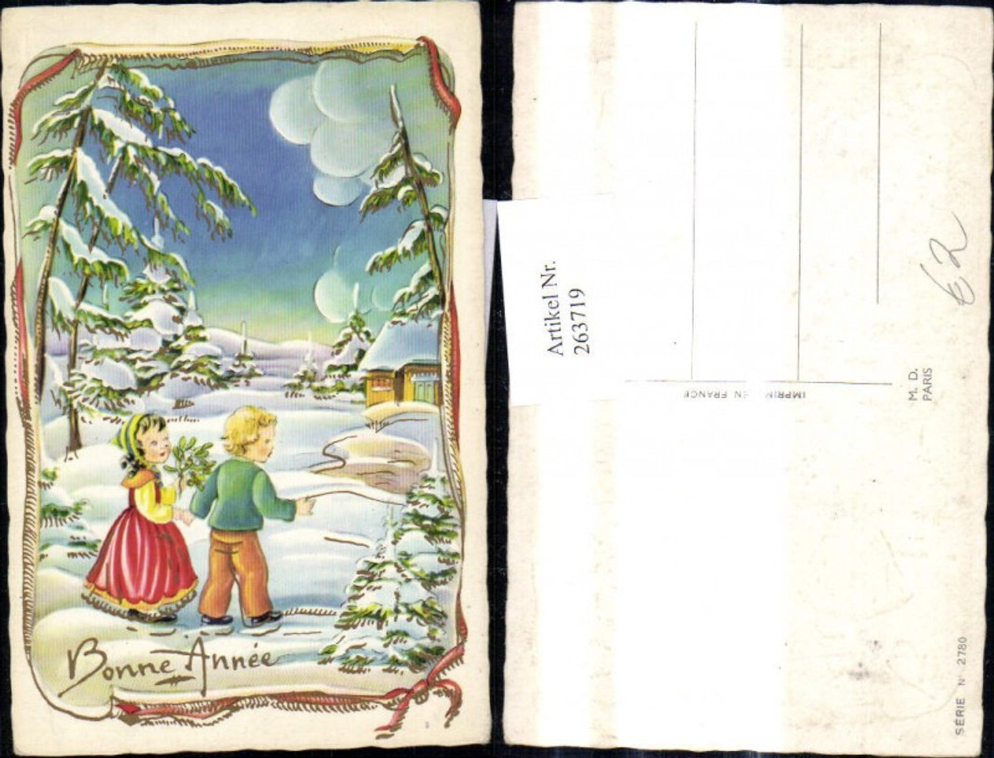 263719,Künstler Ak Kinder spazieren d. Winterlandschaft Mistelzweig Bonne Annee Goldverzierung