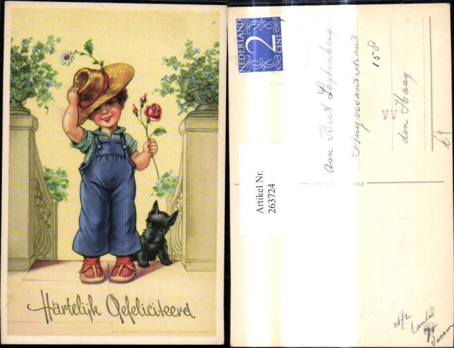 263724,Künstler Ak Kinder Bub Junge i. Latzhose Strohhut Hut Hund Rose Blume i. Hand Hartelijk Gefeliciteerd