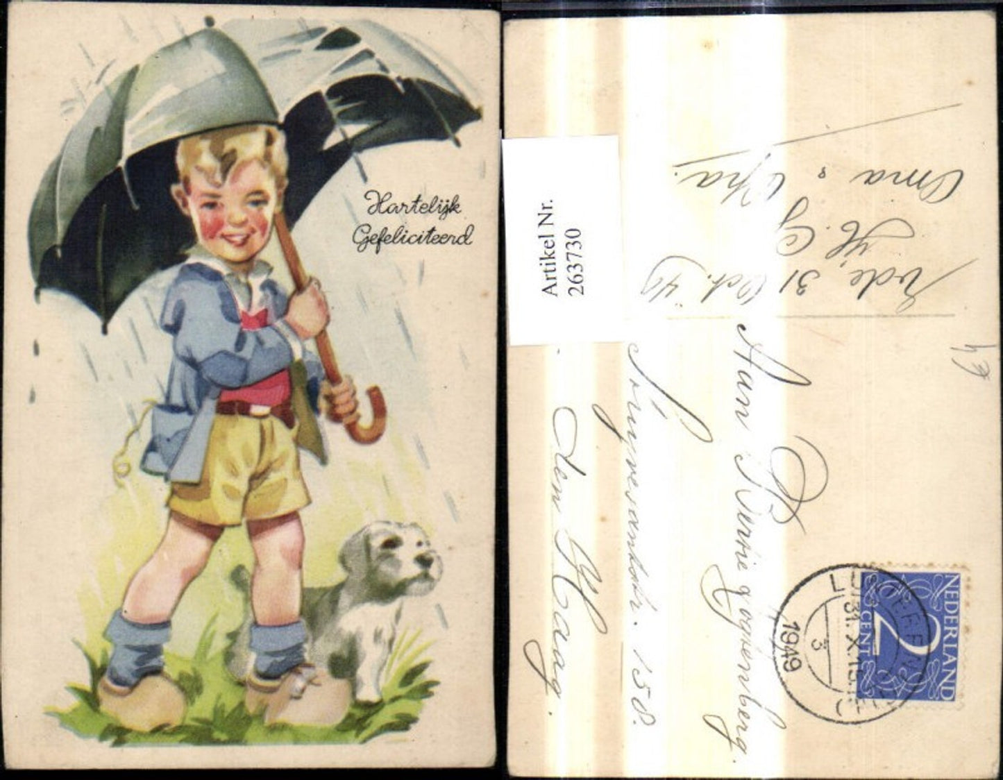 263730, Artist Ak Children Boy with Umbrella Rain Dog Congratulations
