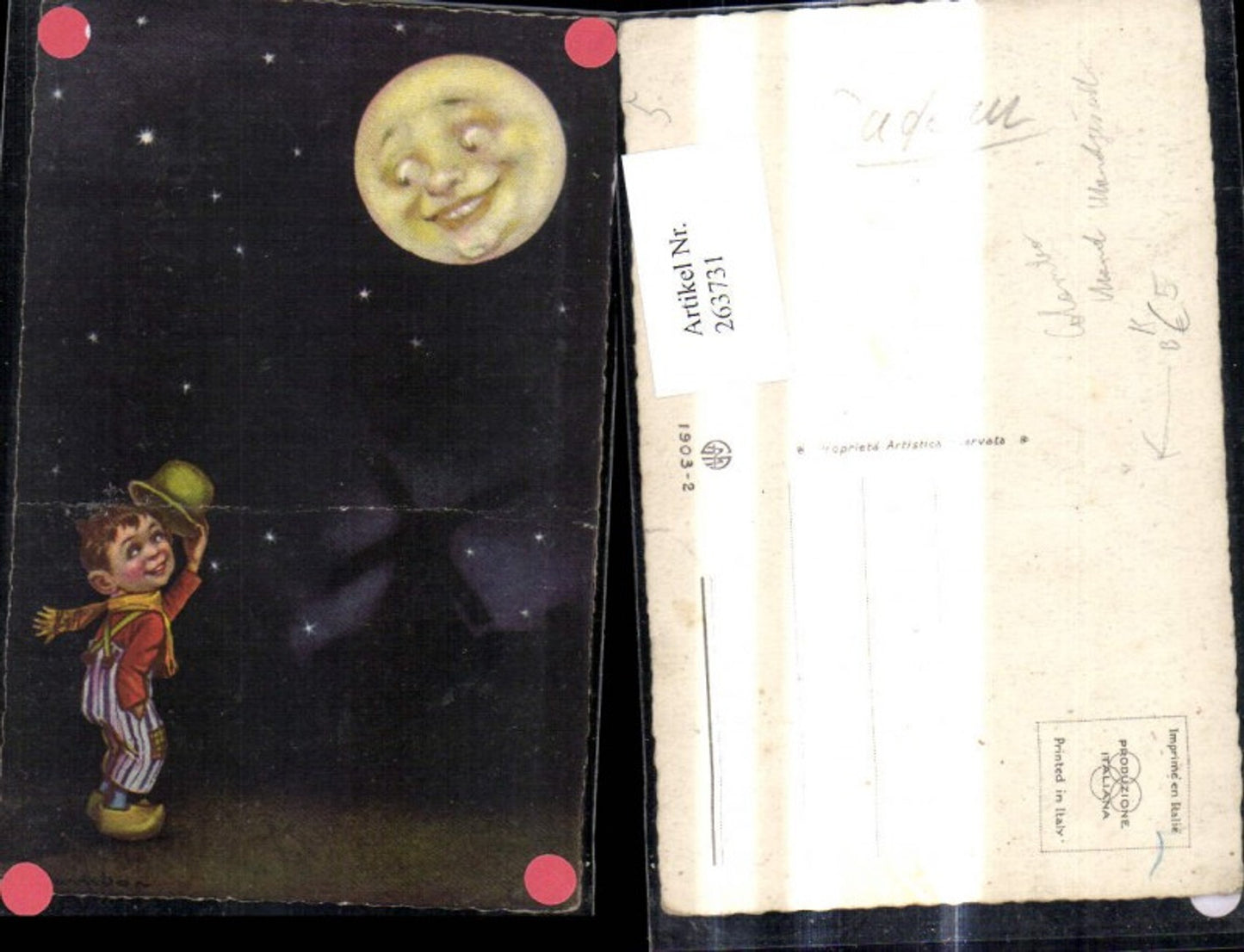 263731,Künstler Ak Colombo Kinder Bub Junge zieht Hut v. Mondgesicht Nacht Sterne Mond