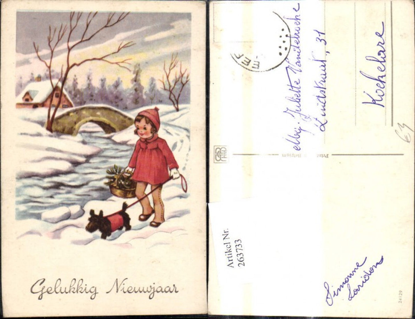 263733,Künstler Ak Kinder Mädchen spaziert m. Hund Korb Misteln Winterlandschaft Brücke Gelukkig Nieuwjaar Neujahr