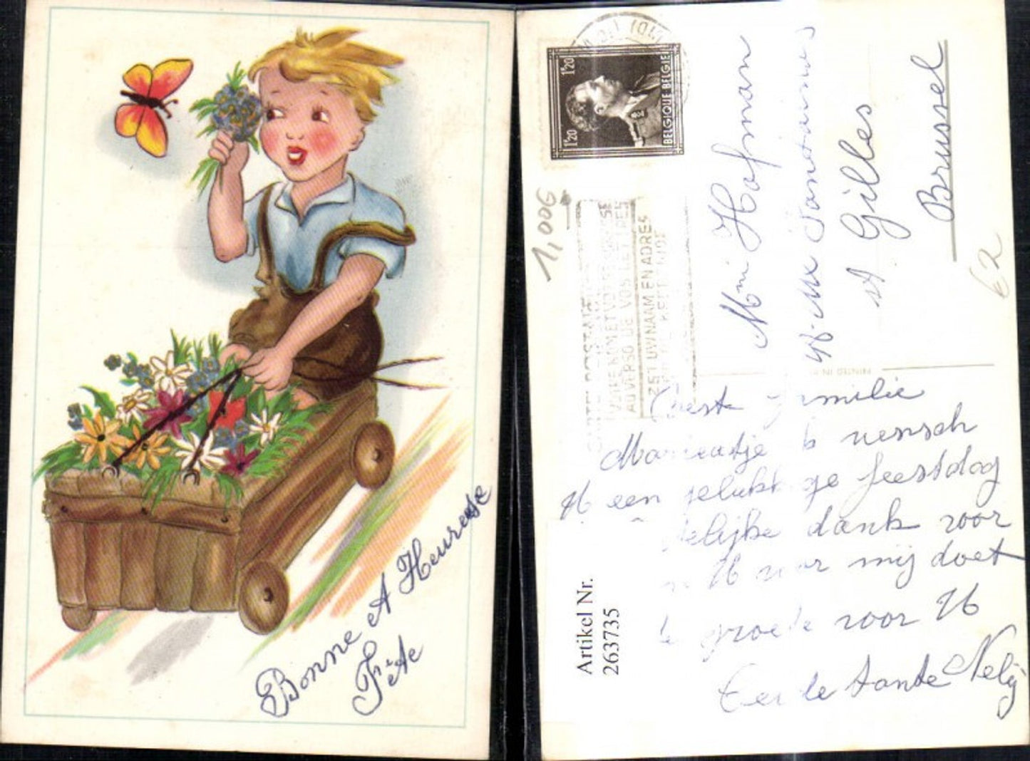 263735,Künstler Ak Kinder Bub Junge i. Leiterwagen Seifenkiste Blumen Schmetterling