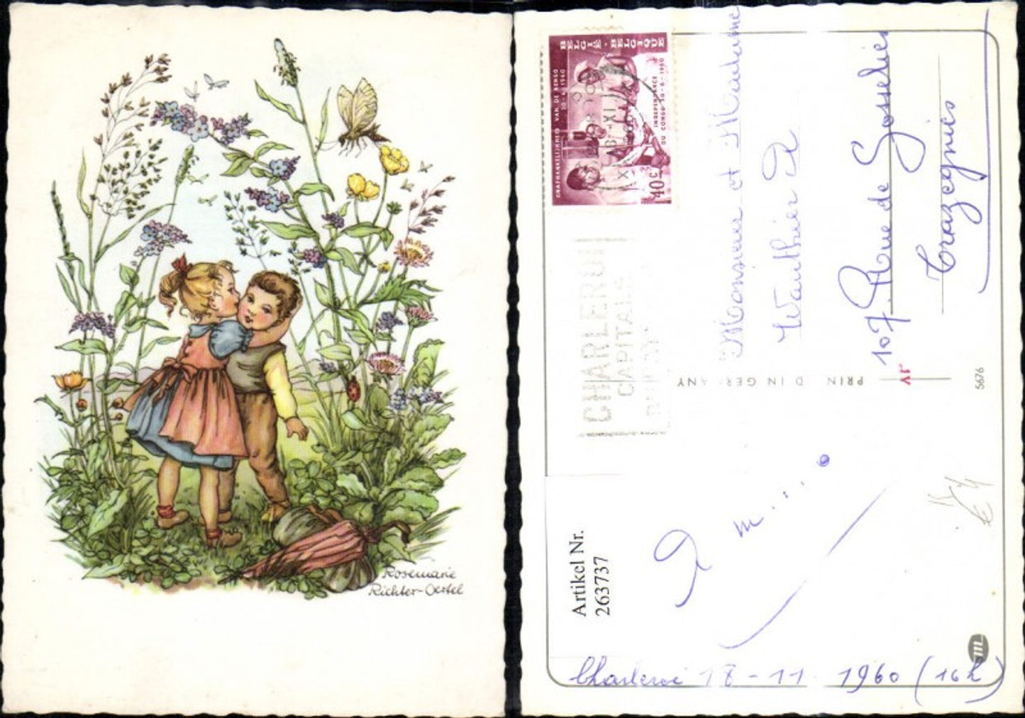 263737,Künstler Ak Rosemarie Richter-Oertel Kinder Wangenkuss zwischen Blumen Schirm Mücke