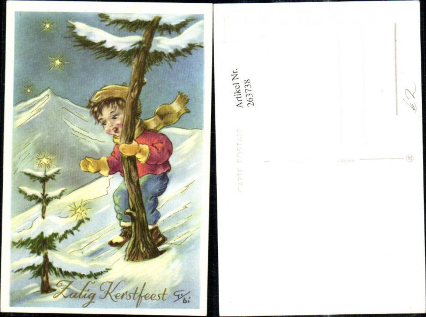 263738,Künstler Ak Kinder Bub Junge b. Baum Winterlandschaft Stern Zalig Kerstfeest Goldverzierung