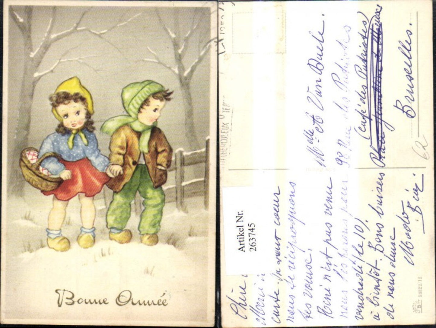 263745,Künstler Ak Kinder spazieren d. Winterwald Korb Bonne Annee