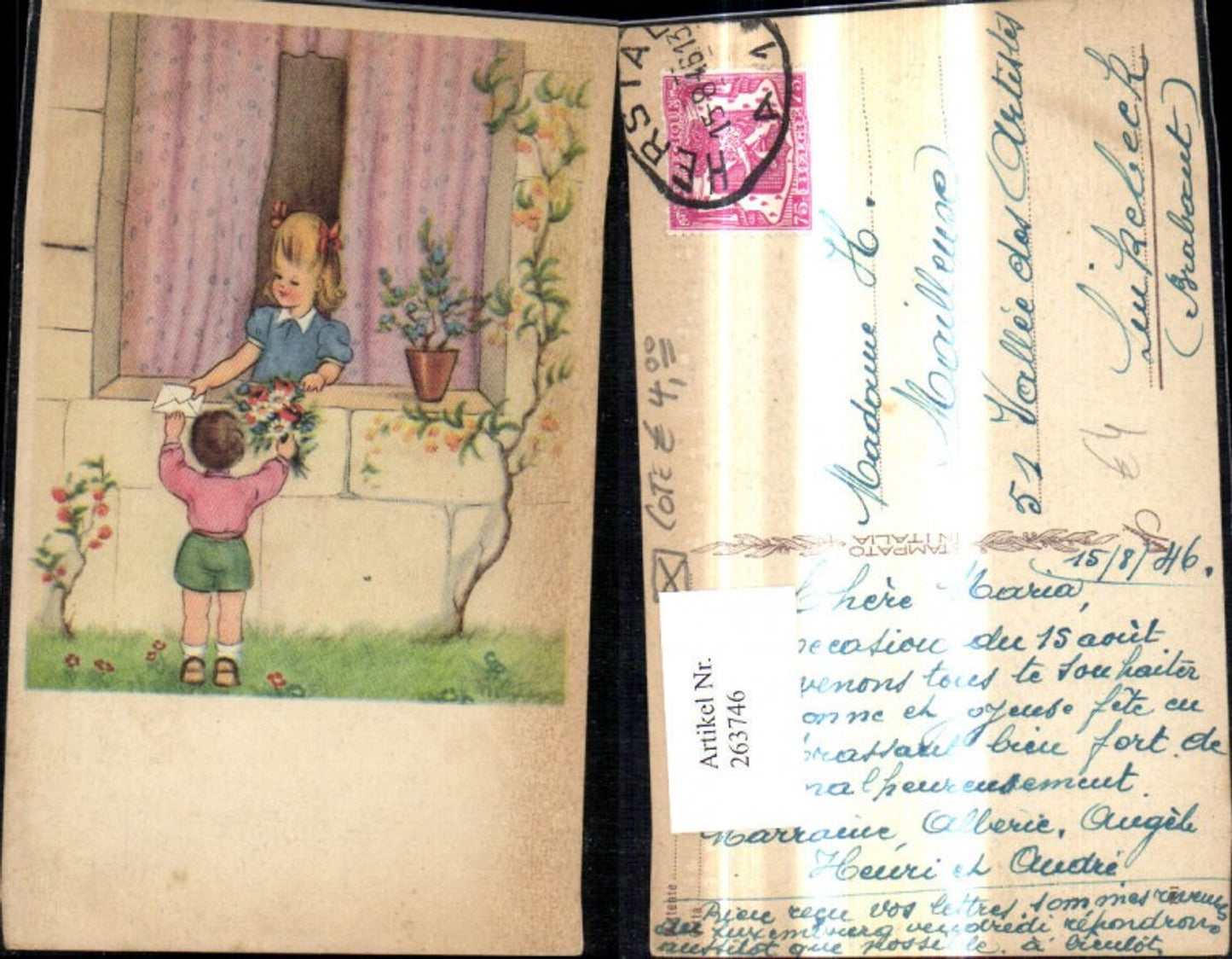 263746,Künstler Ak Kinder Bub Junge m. Brief Blumenstrauß v. Fenster Mädchen