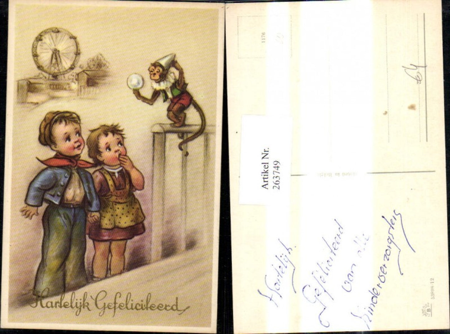 263749,Künstler Ak Kinder bestaunen Affen m. Kugel Riesenrad i. Hintergrund