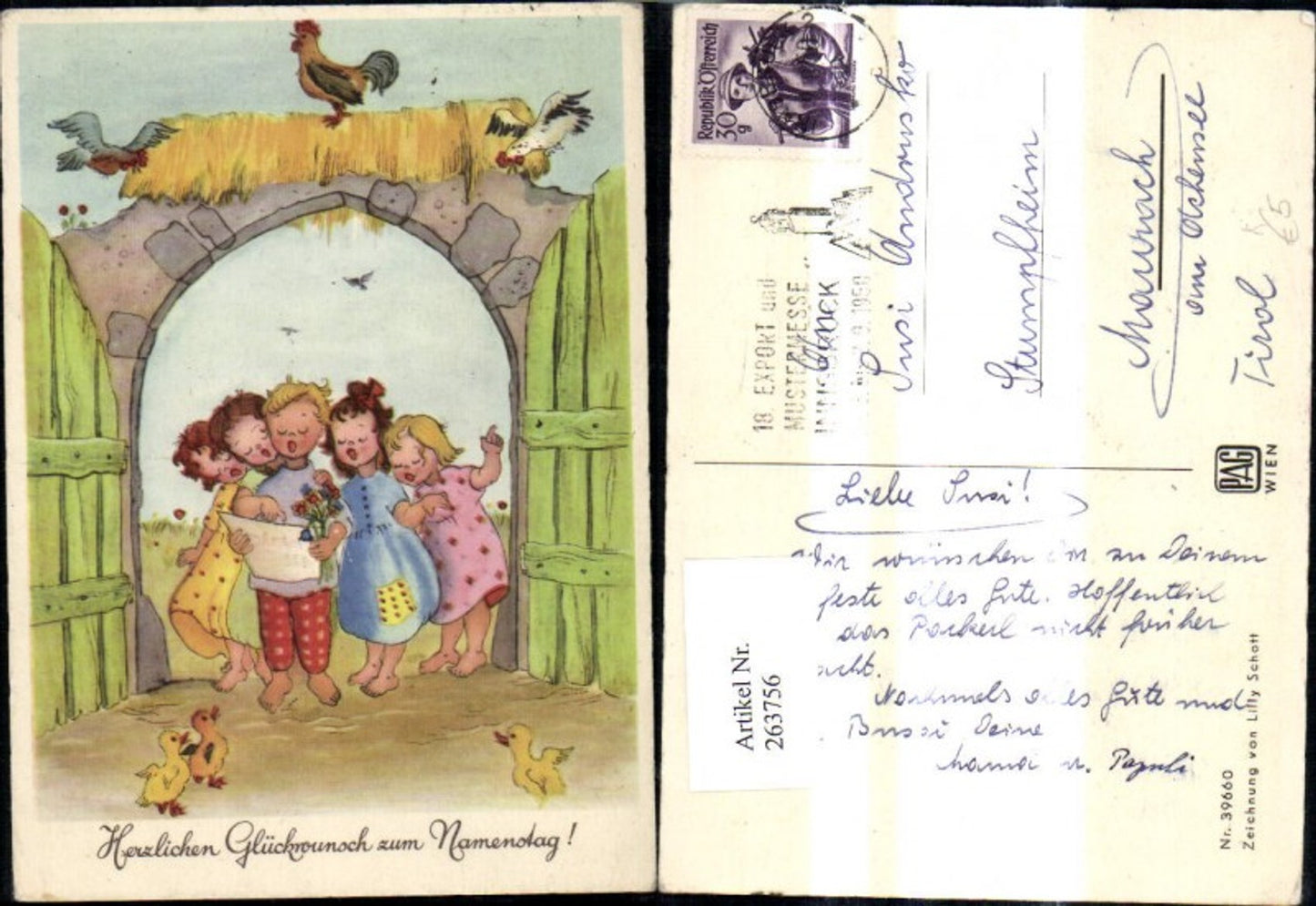 263756,Künstler Ak Lilly Schott Kinder singen i. Chor Tür Torbogen Hahn Hühner Küken Namenstag