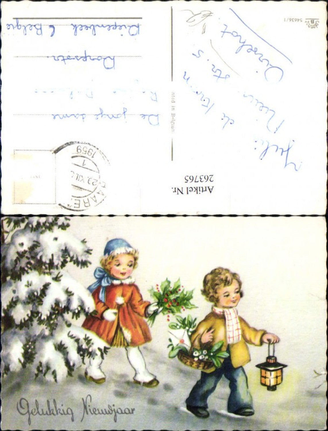 263765,Künstler Ak Kinder spazieren m. Laterne Korb Misteln Brief Kuvert Winterlandschaft Neujahr