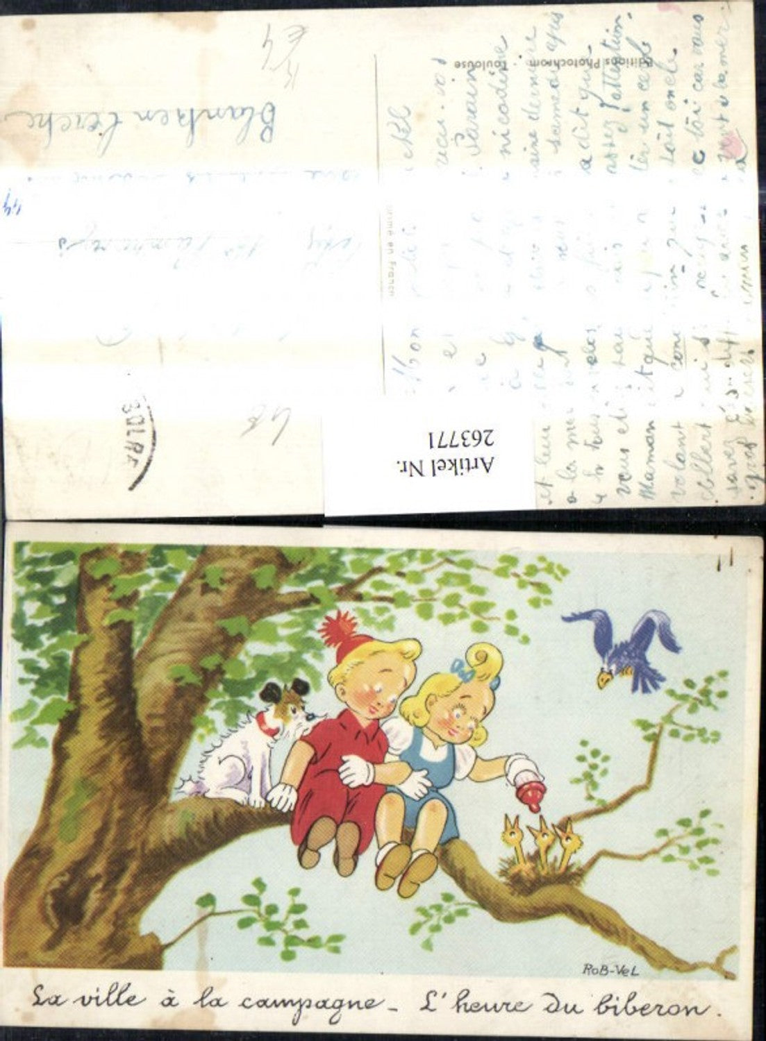 263771,Künstler Ak Rob Vel Kinder sitzen a. Ast Baum Hund füttern Vogelküken Nest Spruch