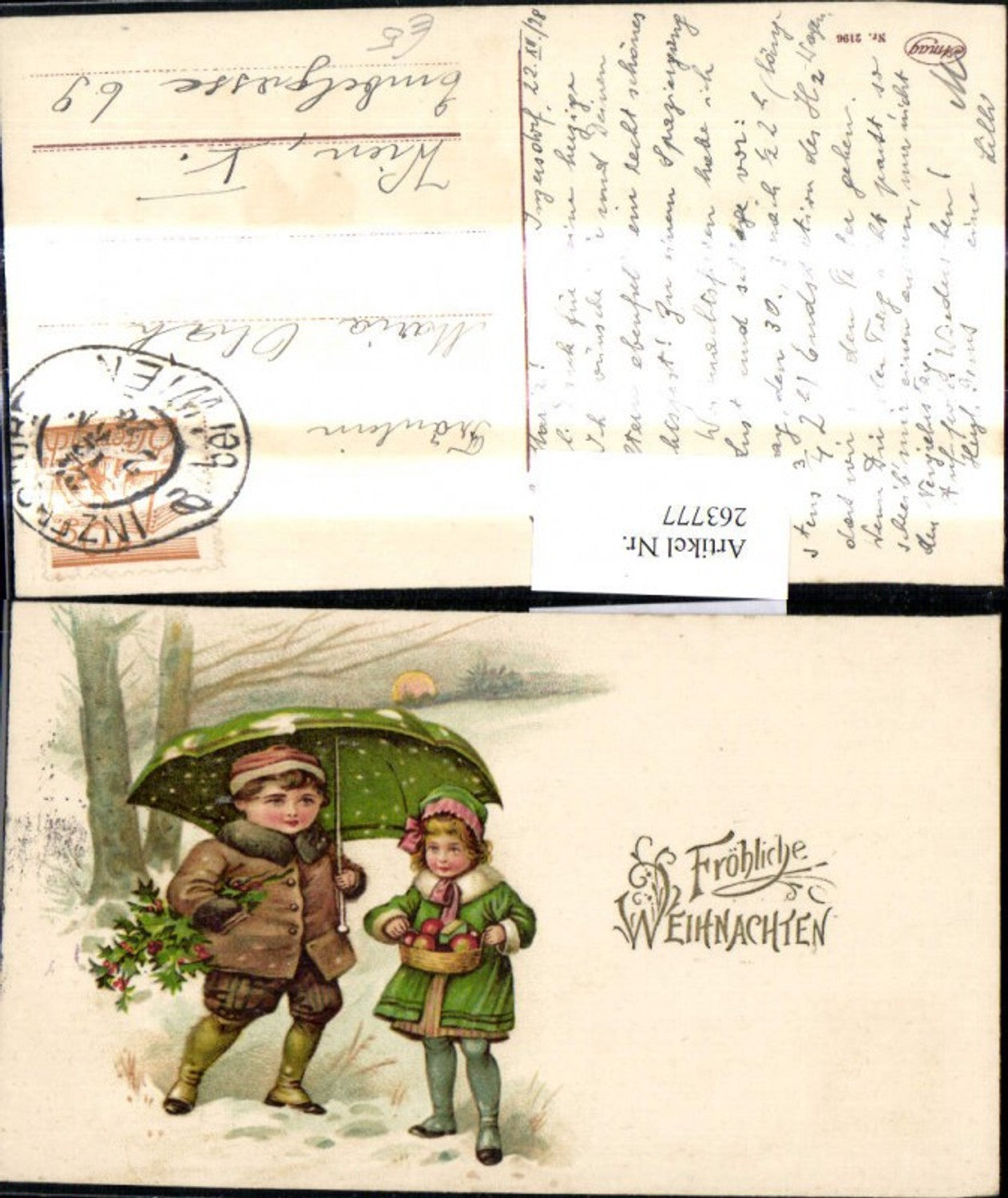 263777,Künstler Ak Kinder m. Schirm Regenschirm Korb Äpfel Stechpalmenstrauß Winterwald Weihnachten