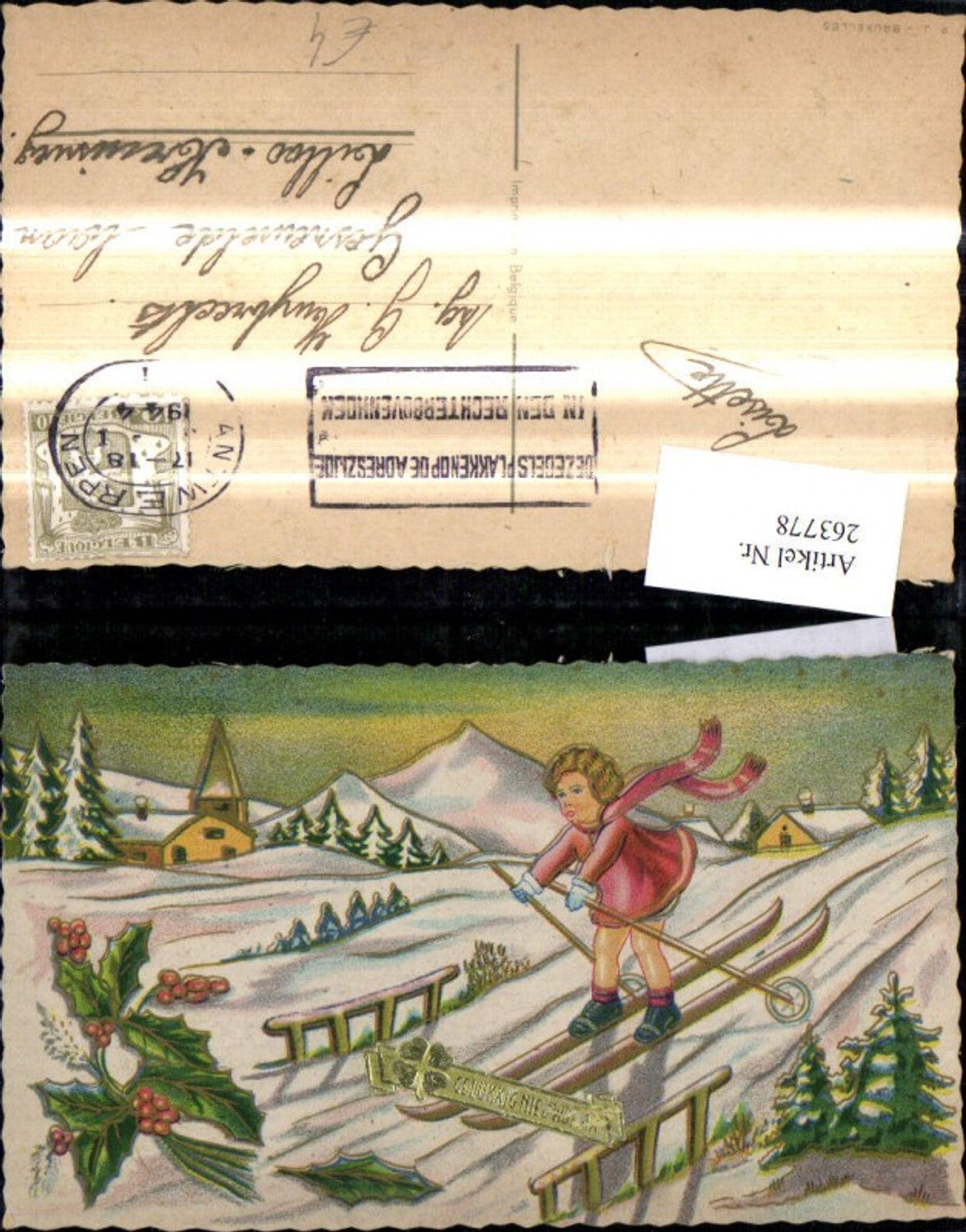 263778,Künstler Ak Kinder Mädchen b. Langlaufen Ski Schi Winterlandschat Stechpalmenzweige