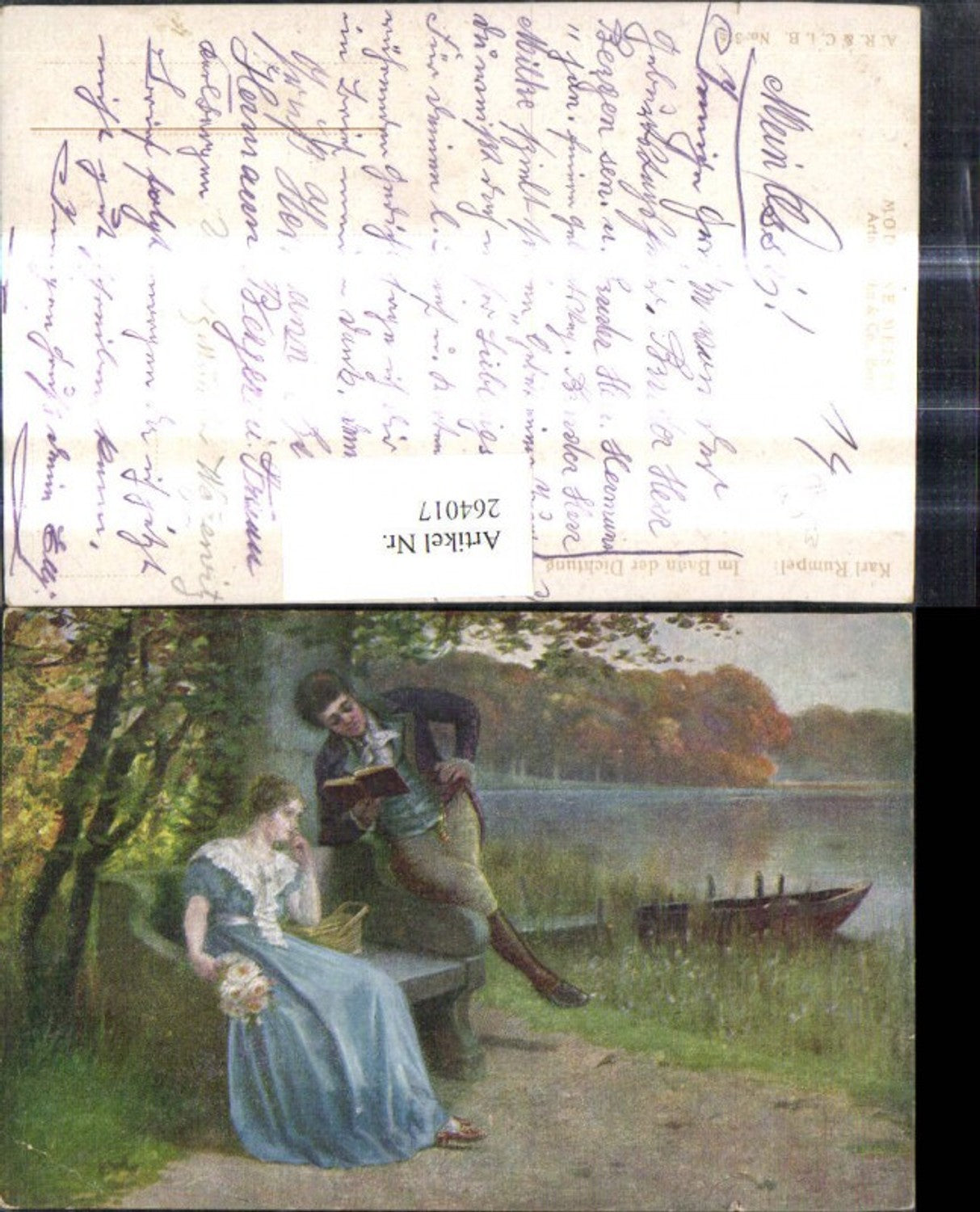 264017,Künstler Ak Karl Rumpel Im Bann der Dichtung Lesen Mann liest Frau aus Buch vor See Boot Landschaft